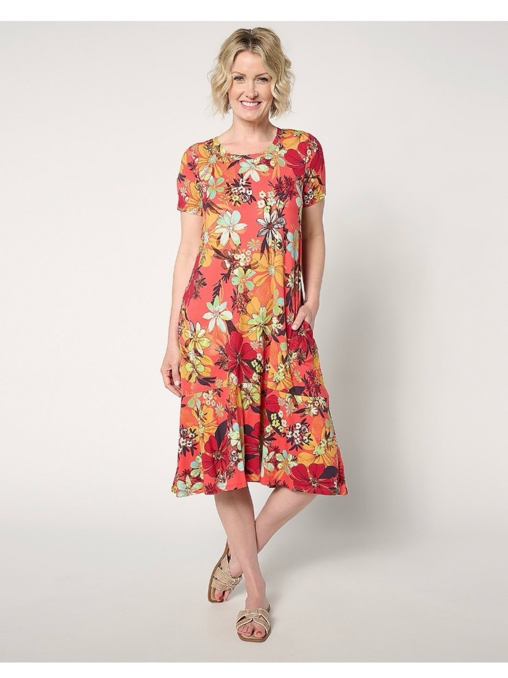 Logo Floral Short-Sleeve Floral Midi Dress in Coral